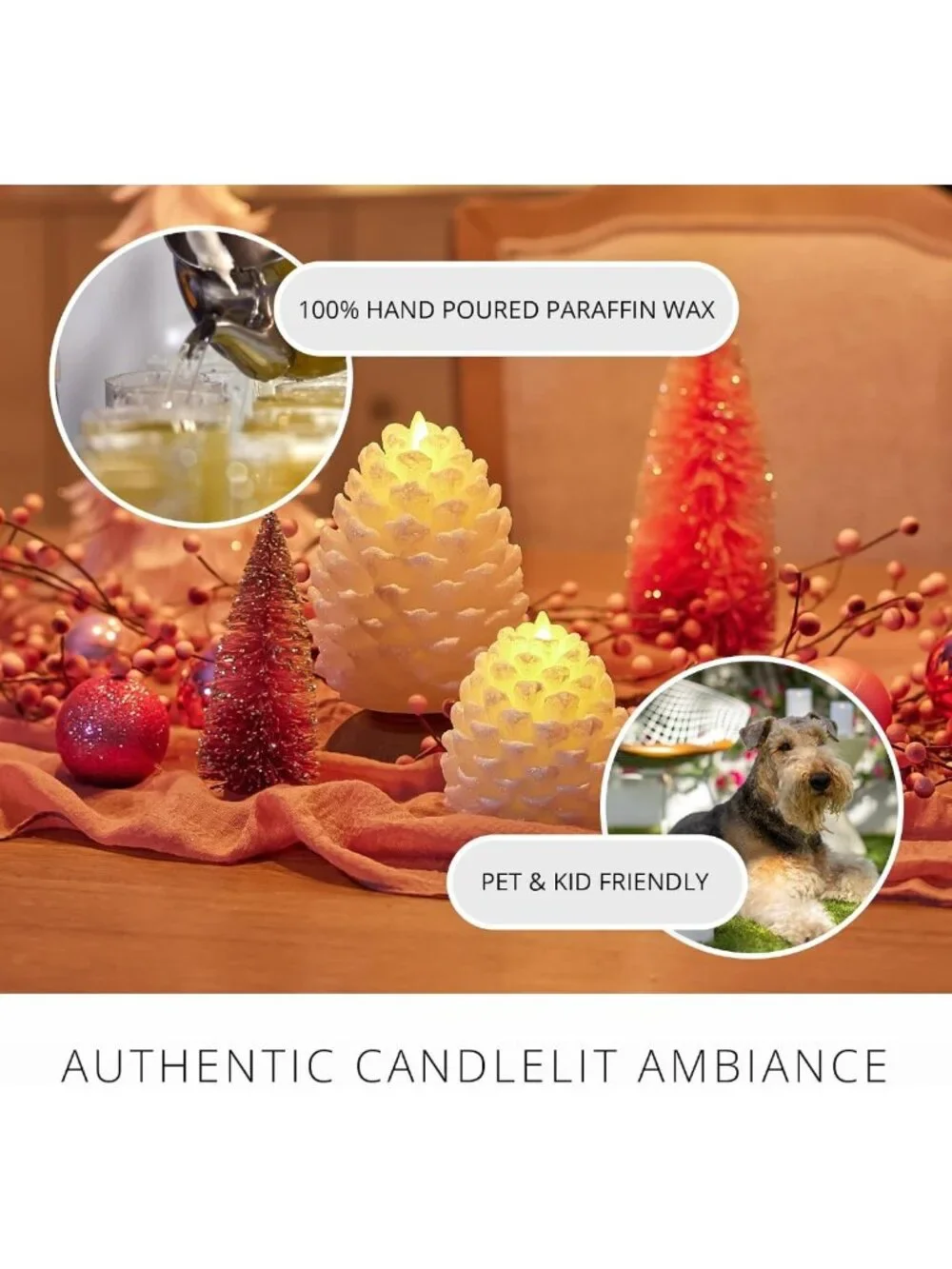 Flameless Pinecone Candle - White Glitter Finish, Real Wax, LED, Battery